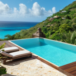 **Luxurious villa overlooking the Caribbean Sea in Antigua, infinity pool, tropical vegetation, sunny day.** (This represents the luxury accommodation option.)