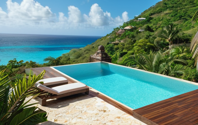 **Luxurious villa overlooking the Caribbean Sea in Antigua, infinity pool, tropical vegetation, sunny day.** (This represents the luxury accommodation option.)