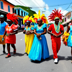 ** Vibrant Antigua Carnival scene with costumed dancers parading down a street in St. John's. Colorful feathered headdresses, beaded outfits, and calypso music. Street vendors selling local foods like jerk chicken and Wadadli beer. The overall scene should be lively and festive, capturing the spirit of Caribbean culture. Safe for work, appropriate content, fully clothed, modest, family-friendly, perfect anatomy, correct proportions, natural pose, professional photography, high quality.

**