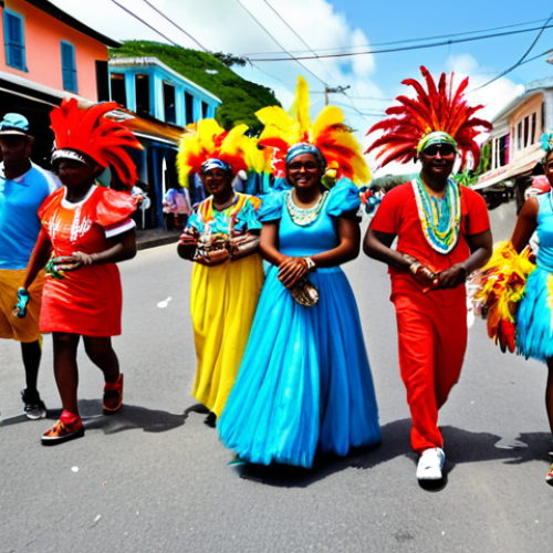 ** Vibrant Antigua Carnival scene with costumed dancers parading down a street in St. John's. Colorful feathered headdresses, beaded outfits, and calypso music. Street vendors selling local foods like jerk chicken and Wadadli beer. The overall scene should be lively and festive, capturing the spirit of Caribbean culture. Safe for work, appropriate content, fully clothed, modest, family-friendly, perfect anatomy, correct proportions, natural pose, professional photography, high quality.

**