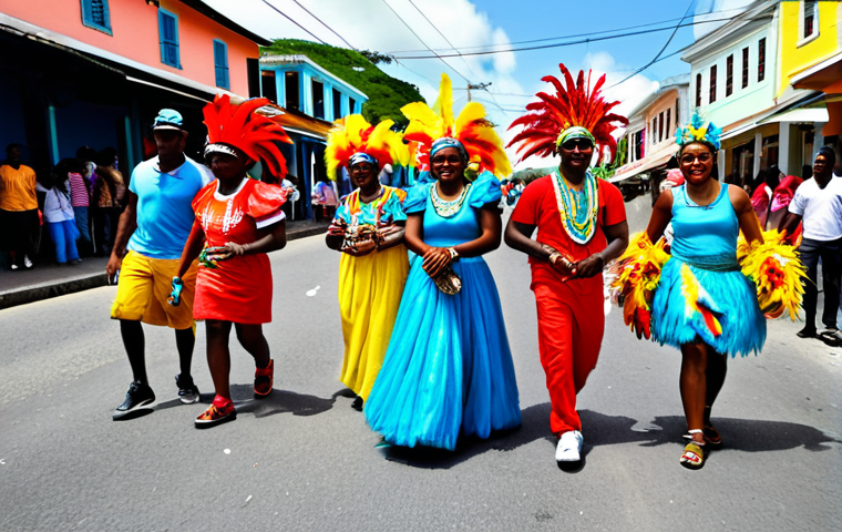 ** Vibrant Antigua Carnival scene with costumed dancers parading down a street in St. John's. Colorful feathered headdresses, beaded outfits, and calypso music. Street vendors selling local foods like jerk chicken and Wadadli beer. The overall scene should be lively and festive, capturing the spirit of Caribbean culture. Safe for work, appropriate content, fully clothed, modest, family-friendly, perfect anatomy, correct proportions, natural pose, professional photography, high quality.

**